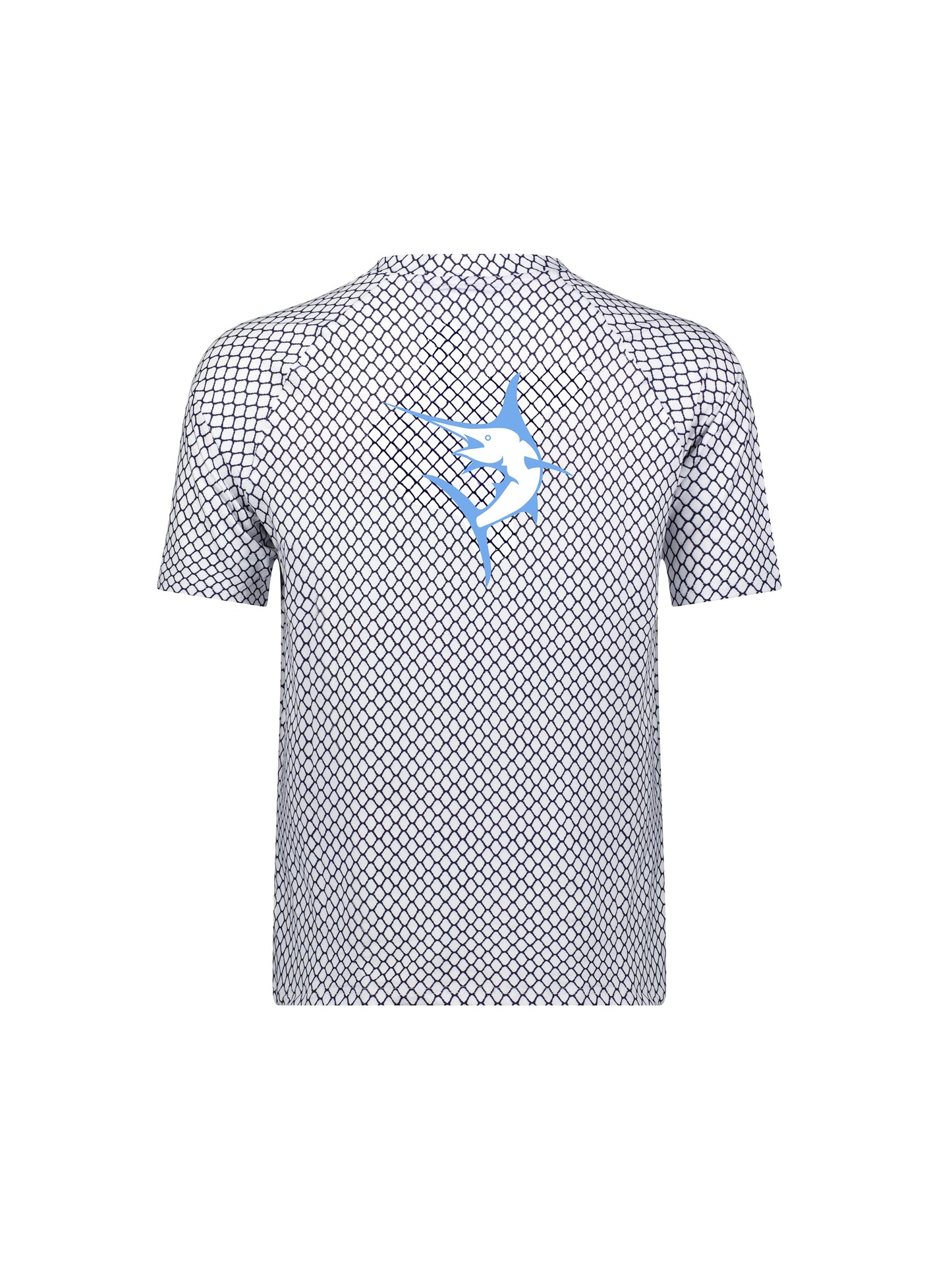 Net Performance Short Sleeve by White Water Life with navy net pattern and blue marlin logo on Tampa Home & Garden Store