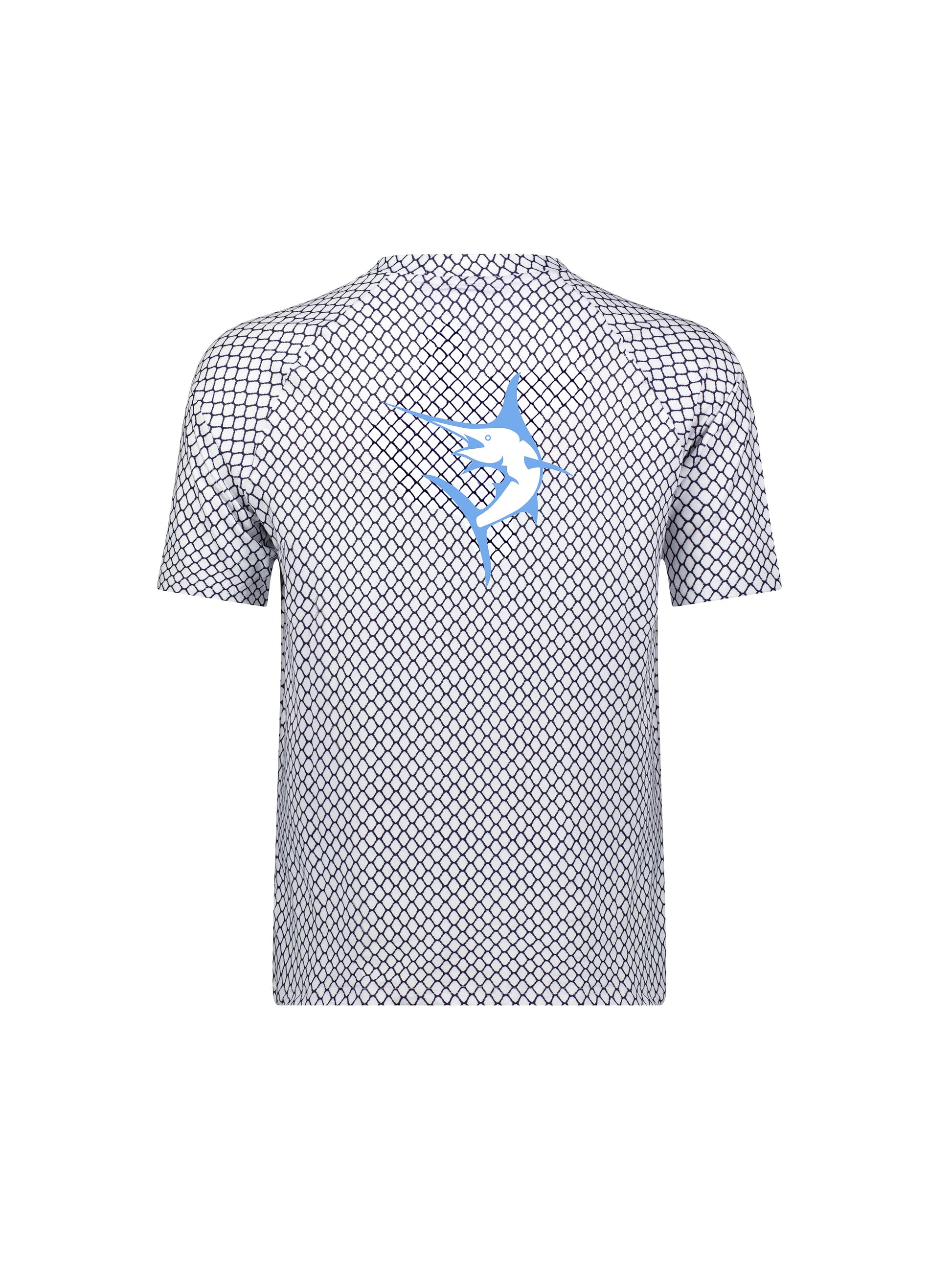 Net Performance Short Sleeve by White Water Life with navy net pattern and blue marlin logo on Tampa Home & Garden Store