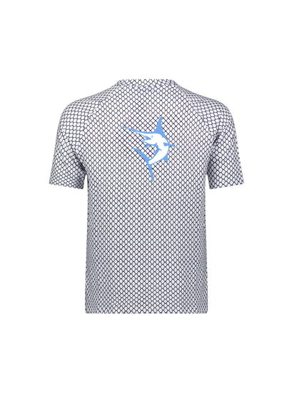 Net Performance Short Sleeve by White Water Life with navy net pattern and blue marlin logo on Tampa Home & Garden Store