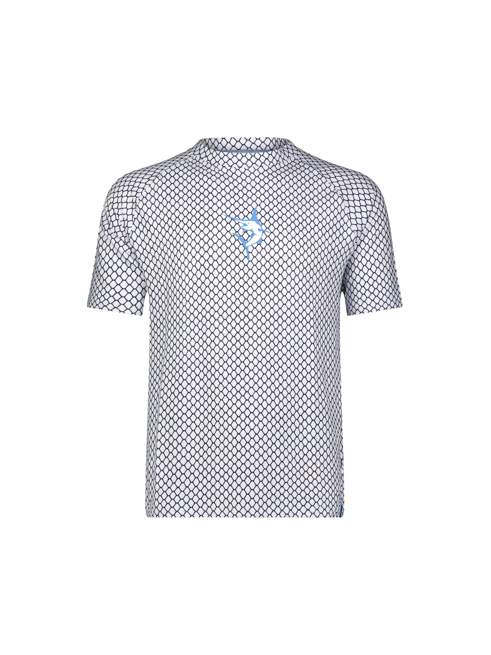 Net Performance Short Sleeve White Water Life navy diamond mesh with light blue chest logo on Tampa Home & Garden Store