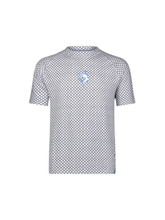 Net Performance Short Sleeve White Water Life navy diamond mesh with light blue chest logo on Tampa Home & Garden Store