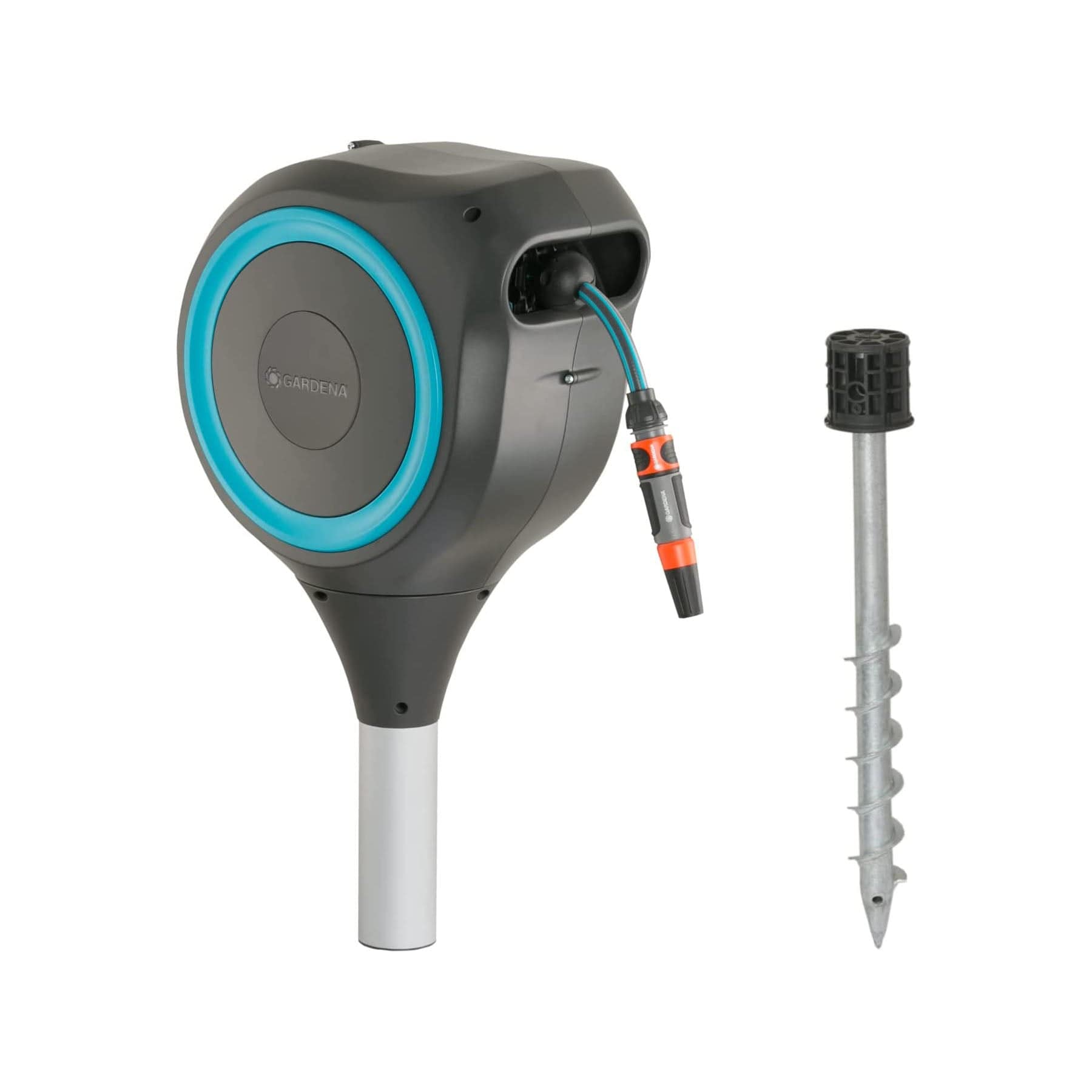 Garden Hose Box RollUp S 15m hose reel by Gardena, gray body with turquoise ring on Tampa Home & Garden Store