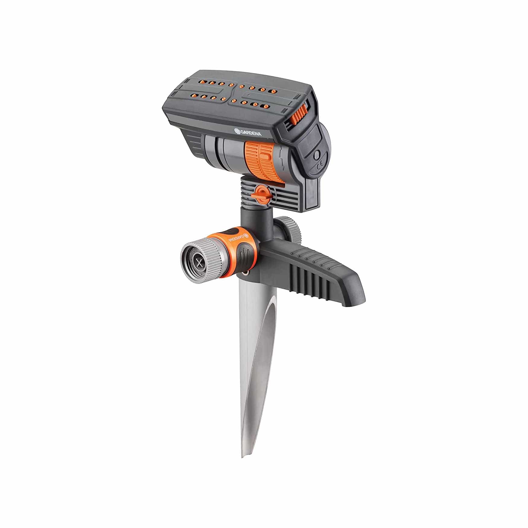 AquaZoom compact oscillating sprinkler with metal spike by Gardena, orange dial on Tampa Home & Garden Store