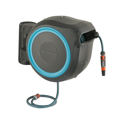 Wall-Mounted Hose Box RollUp XL 35m Gardena, gray body, blue reel on Tampa Home & Garden Store