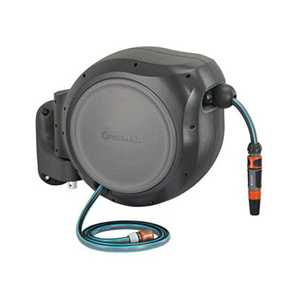 Gardena Retractable Hose Reel RollUp 100 ft auto retracting wall-mount with blue hose on Tampa Home & Garden Store