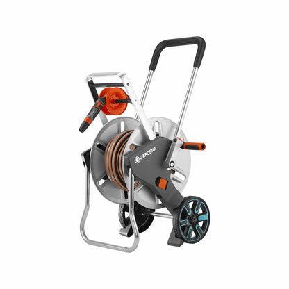 Gardena metal hose cart with easy hose guide and 82 ft ½ in hose, silver frame on Tampa Home & Garden Store