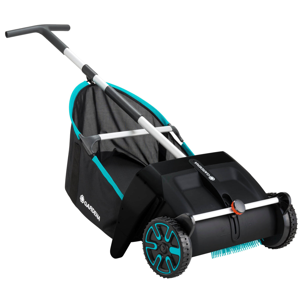 Leaf and Lawn Collector lawn sweeper by Gardena with teal accents and black bag, grey handle on Tampa Home & Garden Store