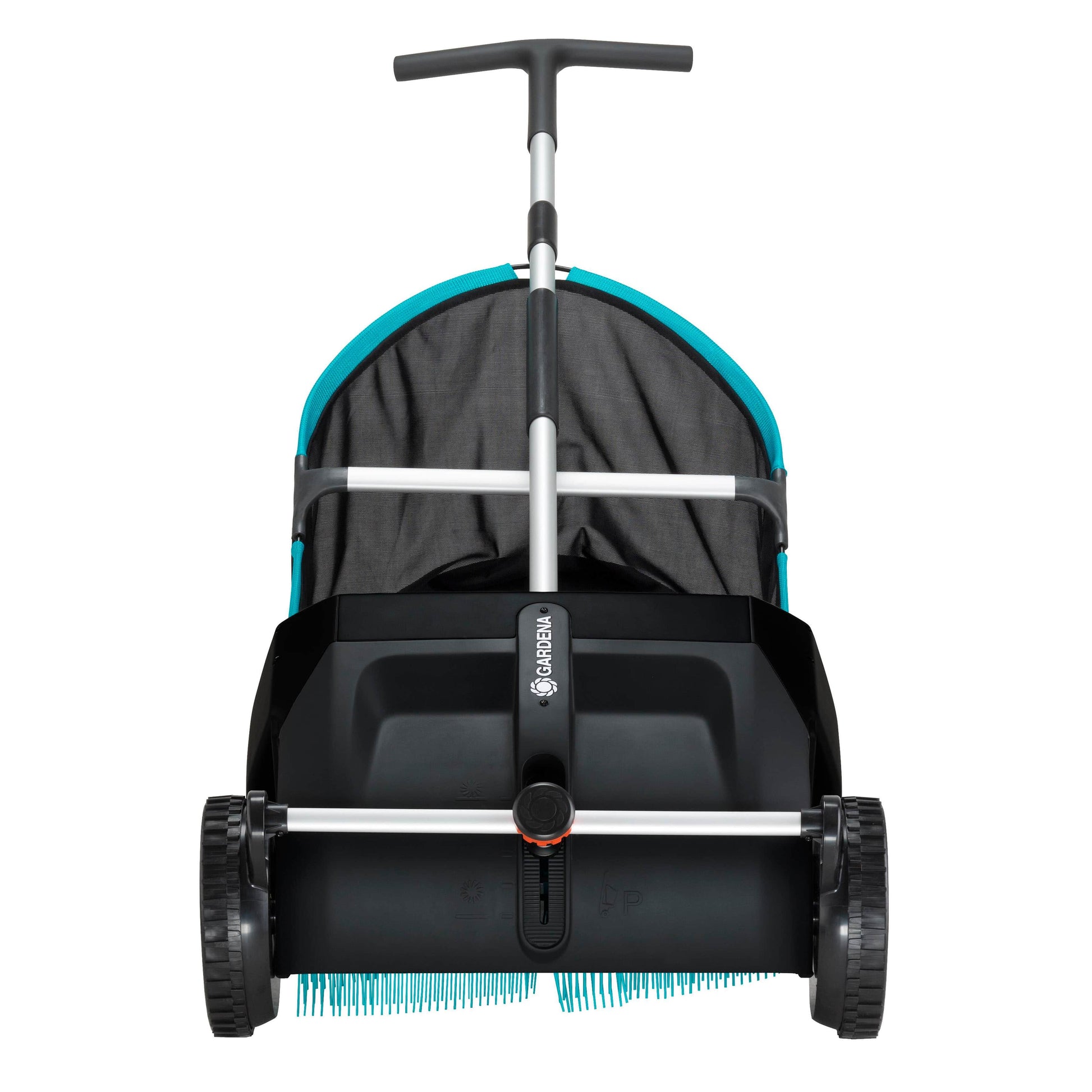 Leaf and Lawn Collector lawn sweeper by Gardena with teal trim, T-handle, blue bristles on Tampa Home & Garden Store