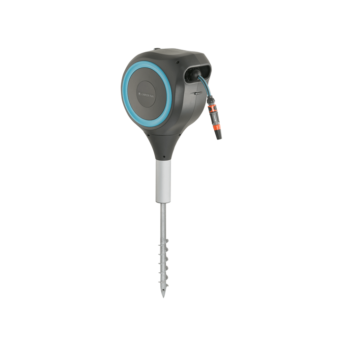Gardena RollUp S hose box 15m retractable hose reel with blue ring on ground stake on Tampa Home & Garden Store