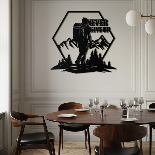 Never Give Up Hiking Metal Wall Art – Motivational Mountain Hiker Black Steel Decor for Adventure Lovers and Outdoor Enthusiasts- KAF463 - Tampa Home & Garden Store