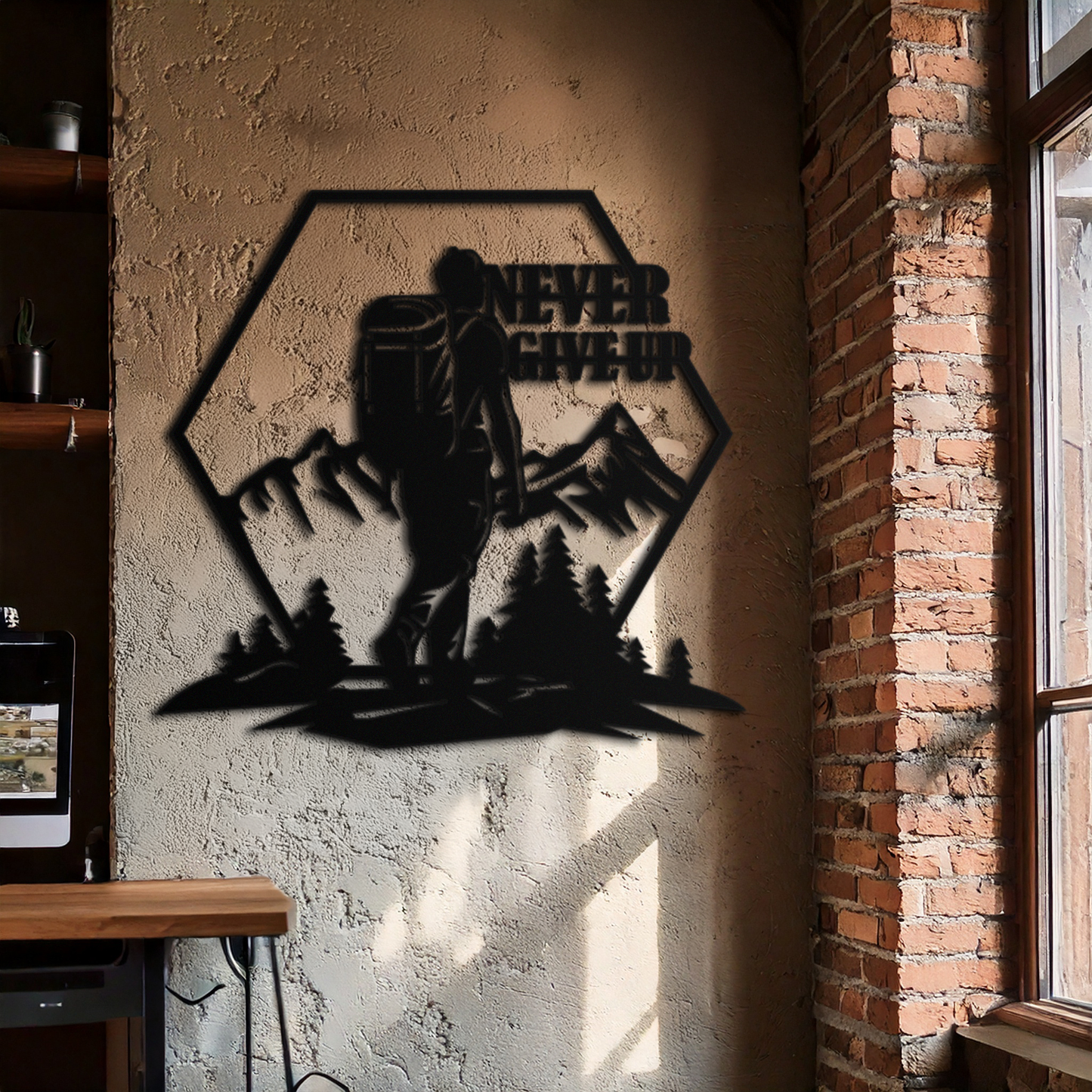 Never Give Up Hiking Metal Wall Art – Motivational Mountain Hiker Black Steel Decor for Adventure Lovers and Outdoor Enthusiasts- KAF463 - Tampa Home & Garden Store