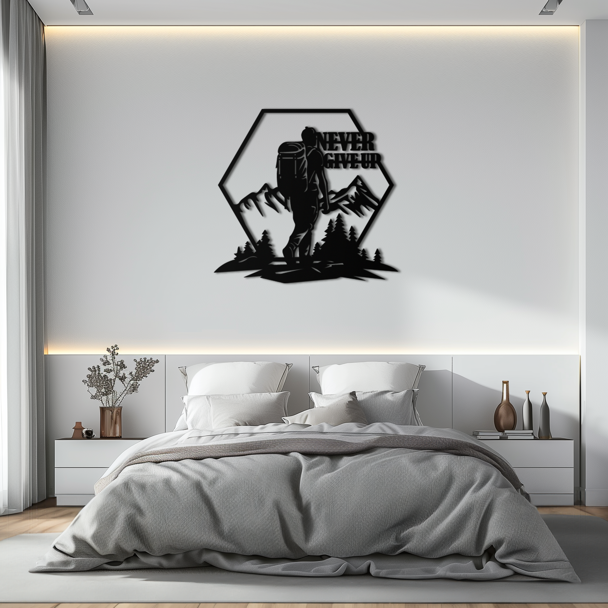 Never Give Up Hiking Metal Wall Art – Motivational Mountain Hiker Black Steel Decor for Adventure Lovers and Outdoor Enthusiasts- KAF463 - Tampa Home & Garden Store