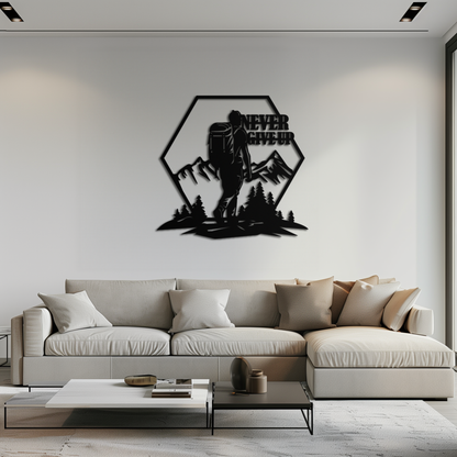 Never Give Up Hiking Metal Wall Art – Motivational Mountain Hiker Black Steel Decor for Adventure Lovers and Outdoor Enthusiasts- KAF463 - Tampa Home & Garden Store