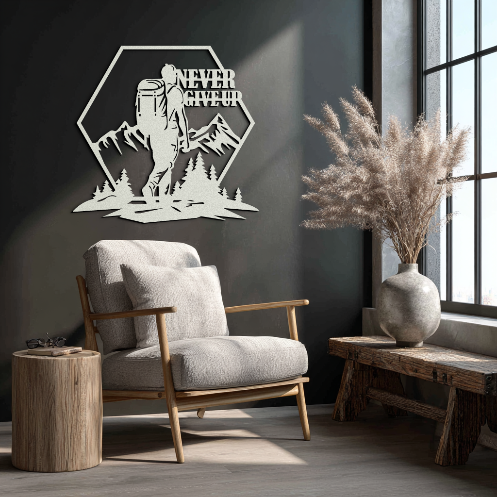 Never Give Up Hiking Metal Wall Art – Motivational Mountain Hiker Black Steel Decor for Adventure Lovers and Outdoor Enthusiasts- KAF463 - Tampa Home & Garden Store