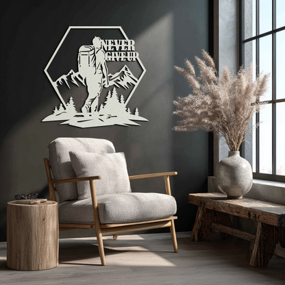 Never Give Up Hiking Metal Wall Art – Motivational Mountain Hiker Black Steel Decor for Adventure Lovers and Outdoor Enthusiasts- KAF463 - Tampa Home & Garden Store