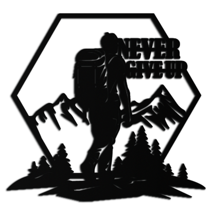 Never Give Up Hiking Metal Wall Art – Motivational Mountain Hiker Black Steel Decor for Adventure Lovers and Outdoor Enthusiasts- KAF463 - Tampa Home & Garden Store