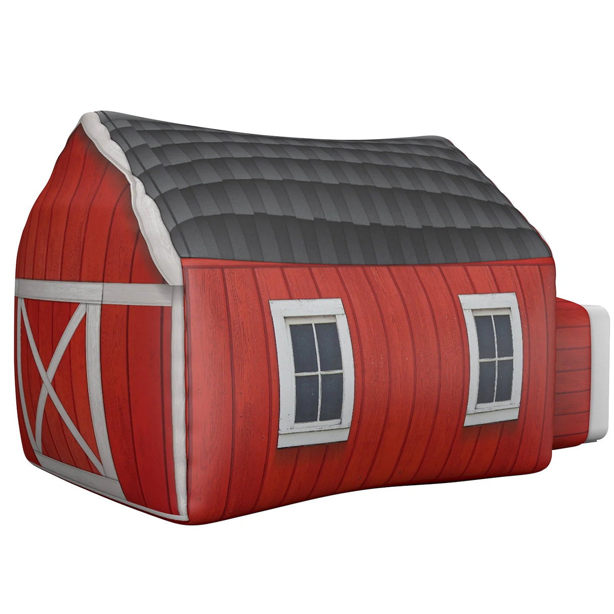AirFort Farmers Barn inflatable play fort in red barn siding with white trim on Tampa Home & Garden Store