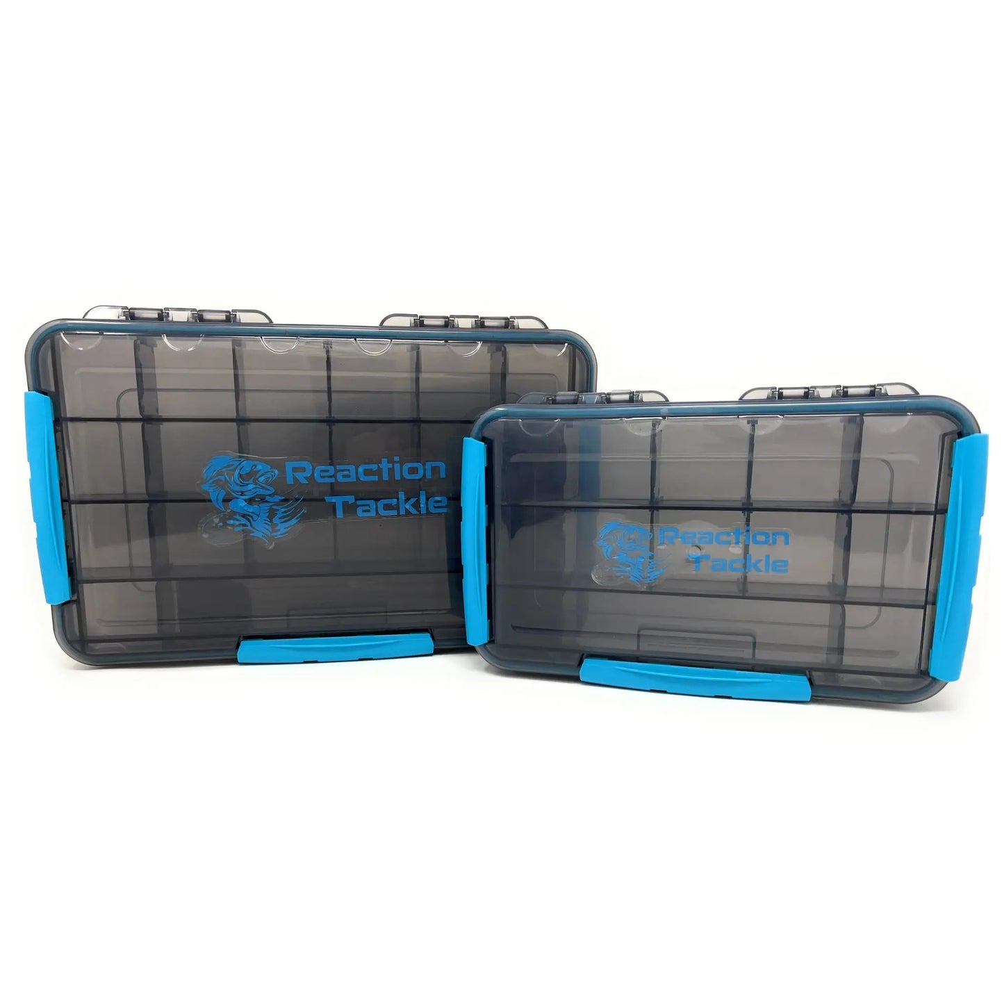 Reaction Tackle Premium Tackle Tray with 3 Clips, blue frame, translucent lids, pair shown on Tampa Home & Garden Store
