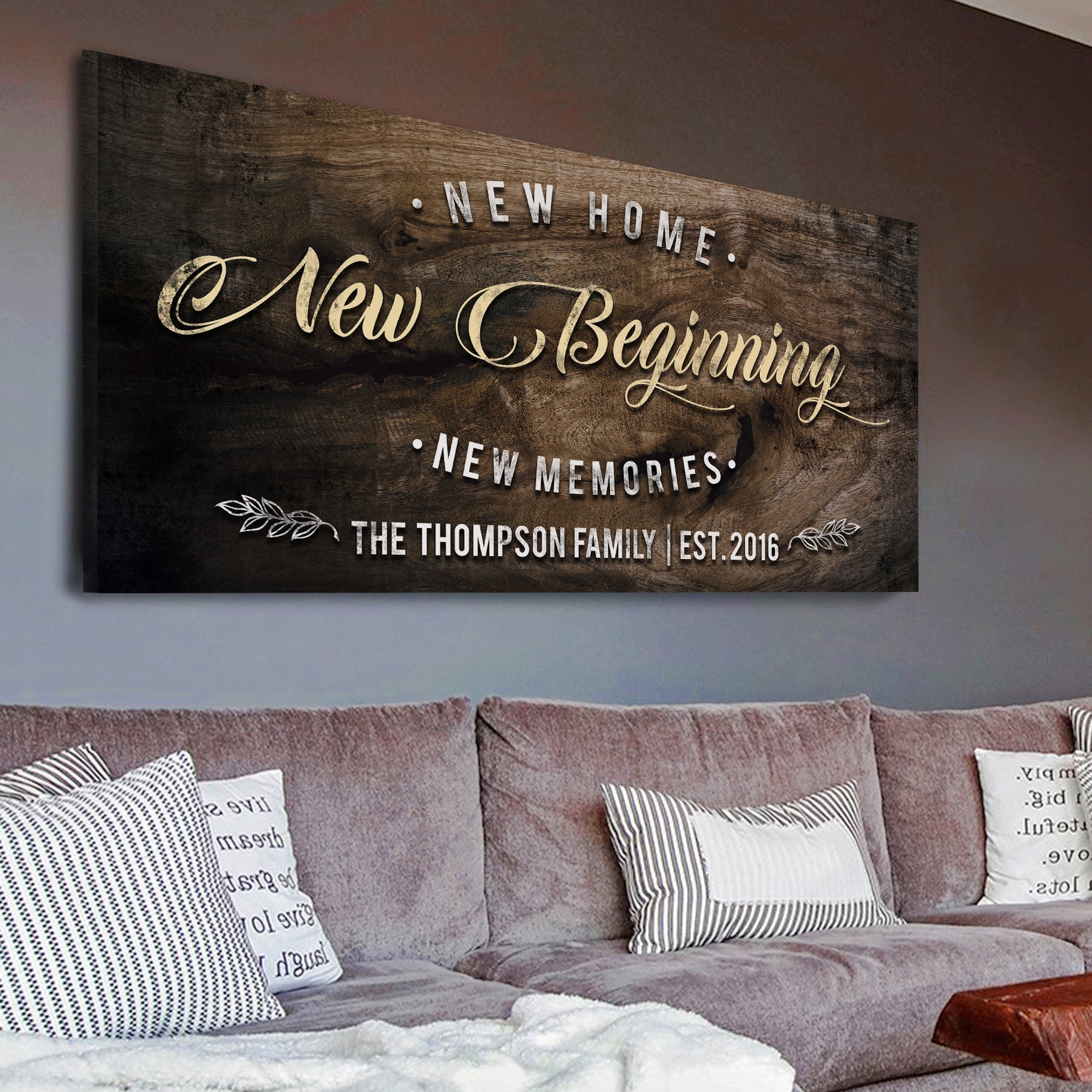 New Home Sign II canvas wall art on dark wood plank background by Tailored Canvases on Tampa Home & Garden Store