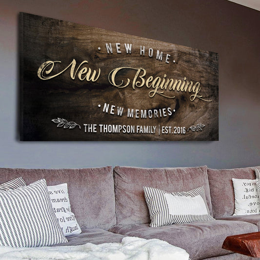 New Home Sign II canvas wall art on dark wood plank background by Tailored Canvases on Tampa Home & Garden Store