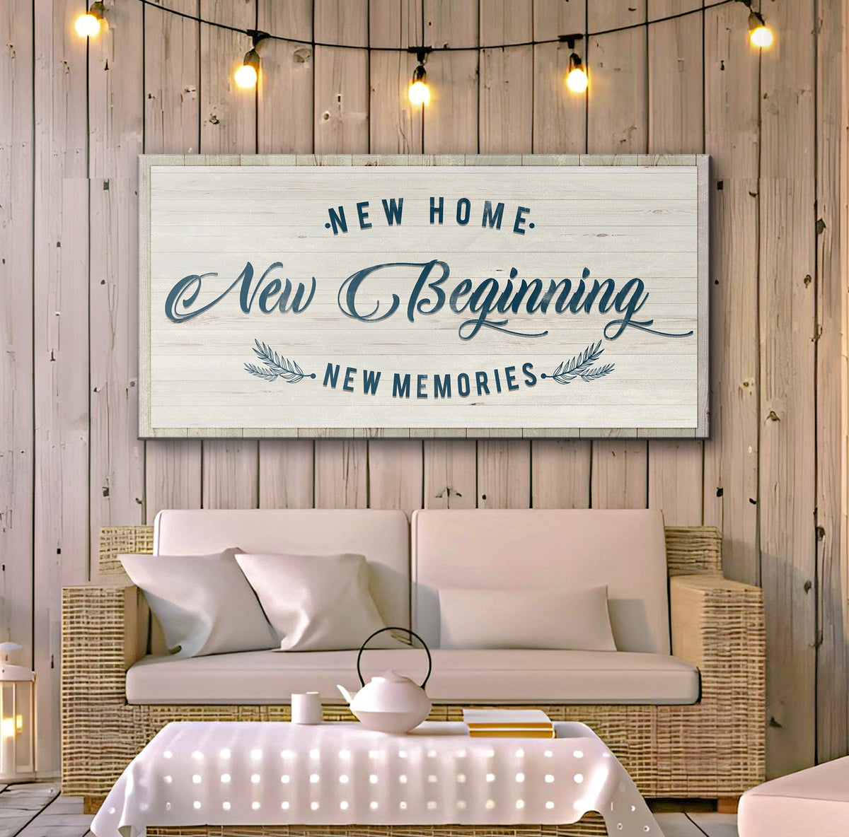 Canvas sign New Home, New Beginning script font with laurel accents Tailored Canvases on Tampa Home & Garden Store