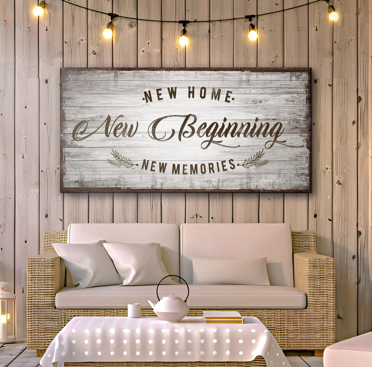 New Home New Beginning IV canvas by Tailored Canvases, rustic distressed wood sign on Tampa Home & Garden Store