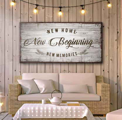 New Home New Beginning IV canvas by Tailored Canvases, rustic distressed wood sign on Tampa Home & Garden Store