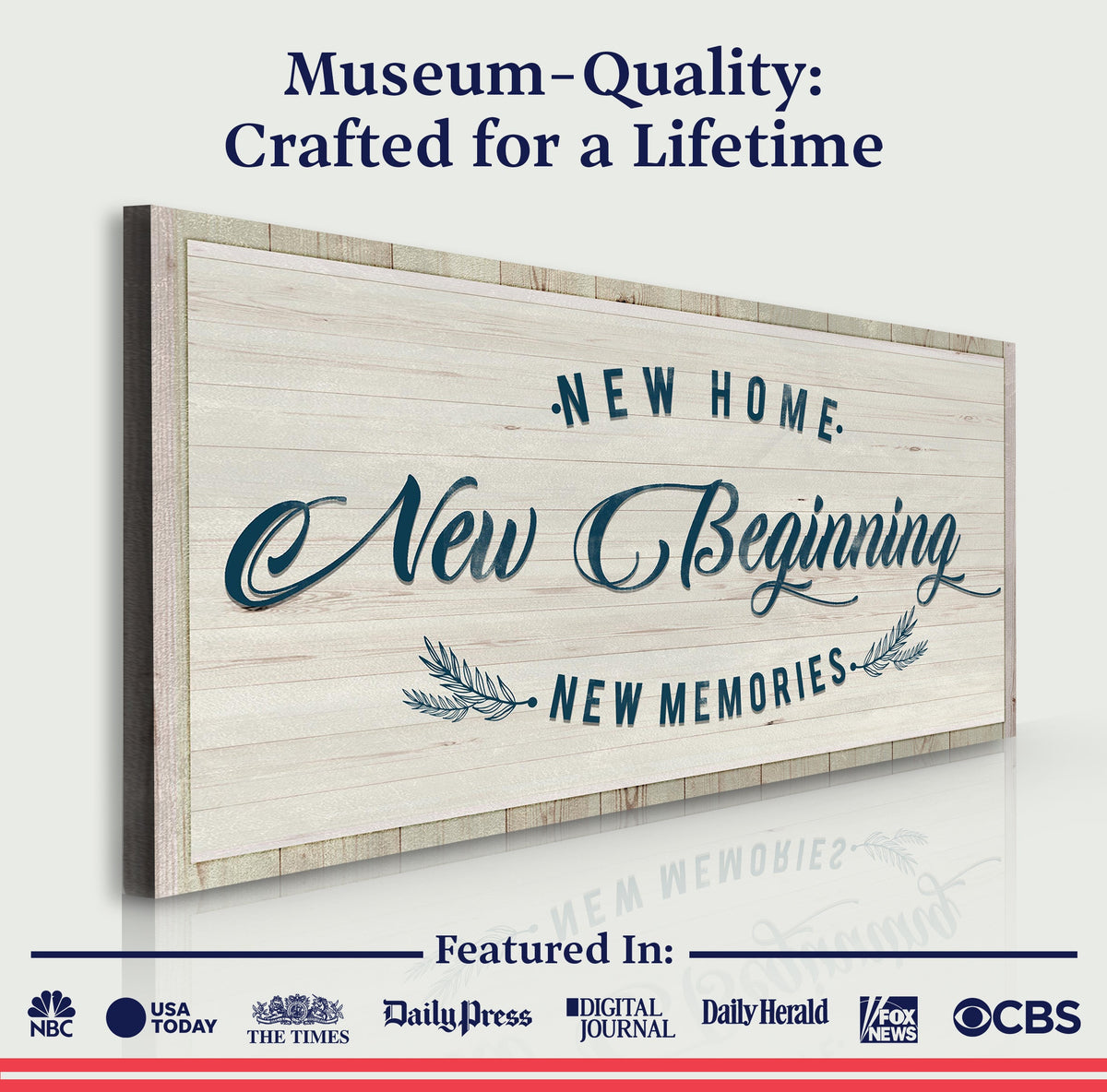 Tailored Canvases canvas sign with rustic wood backdrop and navy script New Home New Beginning on Tampa Home & Garden Store