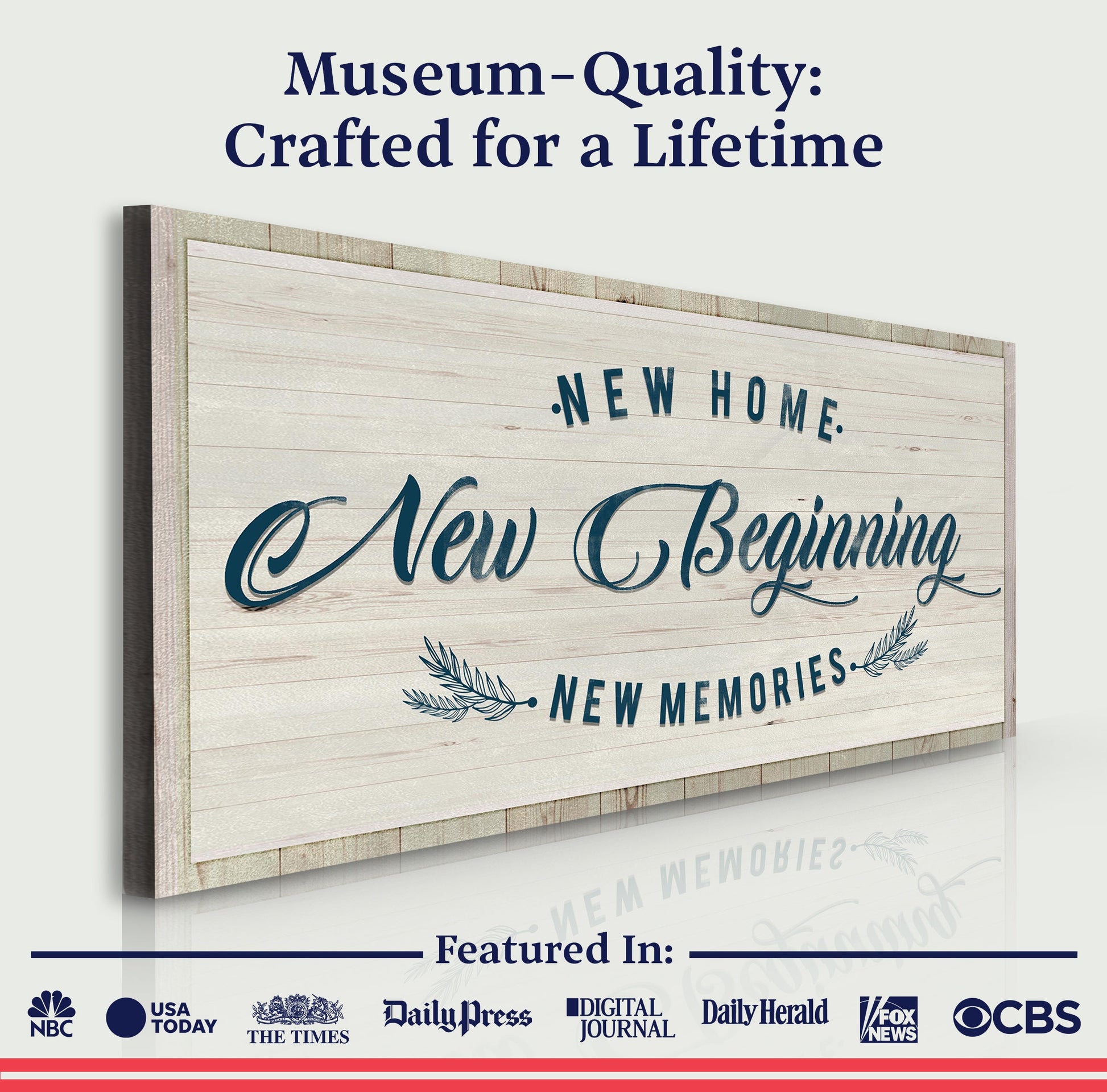 Tailored Canvases canvas sign with rustic wood backdrop and navy script New Home New Beginning on Tampa Home & Garden Store