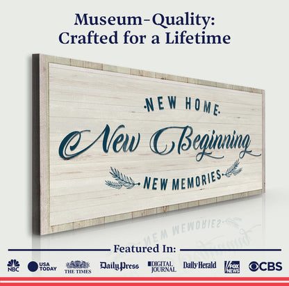 Tailored Canvases canvas sign with rustic wood backdrop and navy script New Home New Beginning on Tampa Home & Garden Store