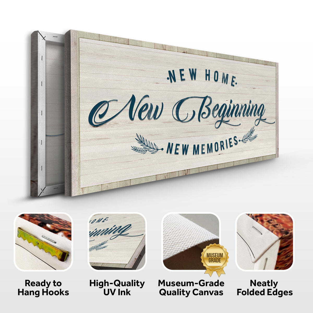 New Home New Beginning Sign III canvas wall art in wood finish by Tailored Canvases on Tampa Home & Garden Store