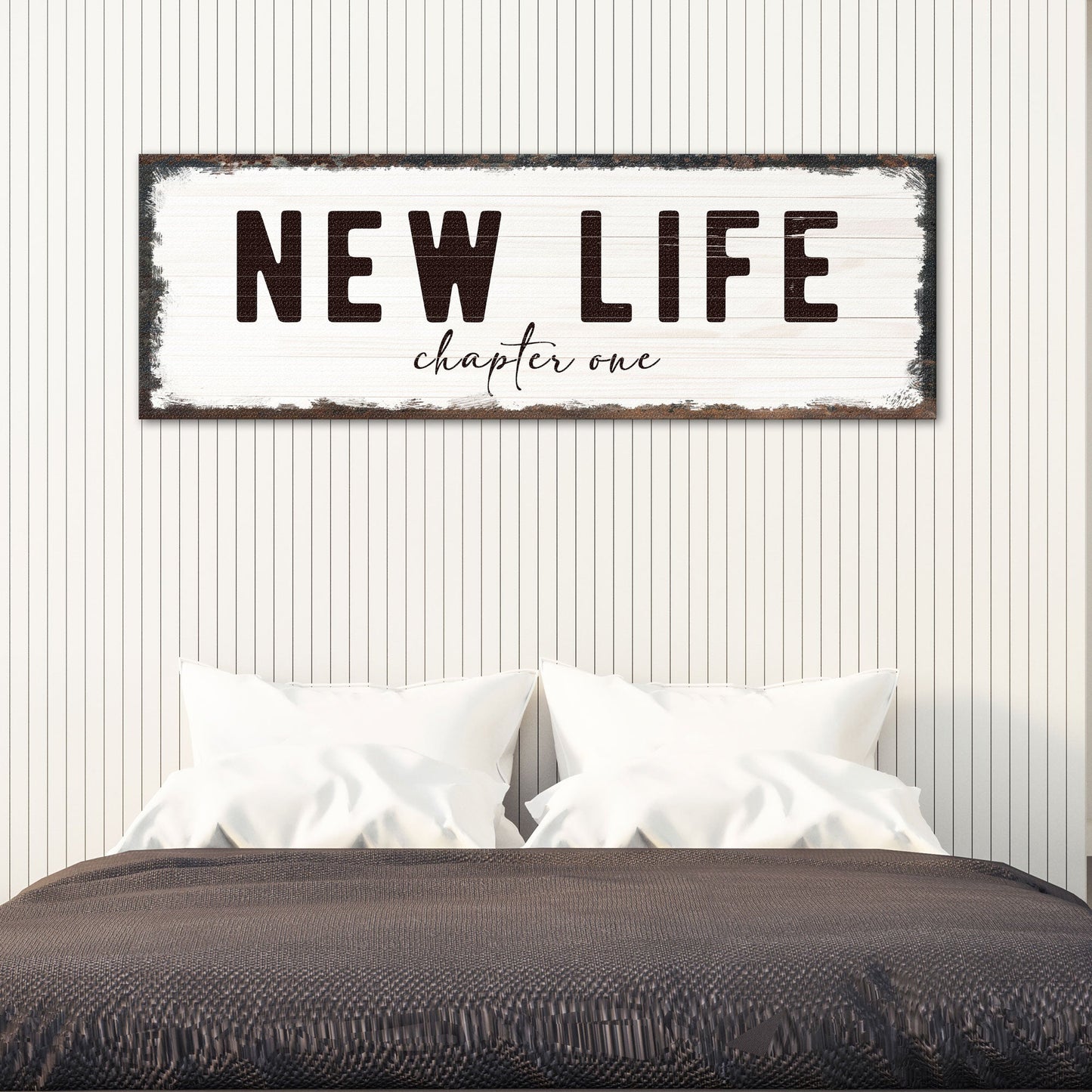 New Life Chapter One Sign canvas by Tailored Canvases with white backdrop and black NEW LIFE on Tampa Home & Garden Store