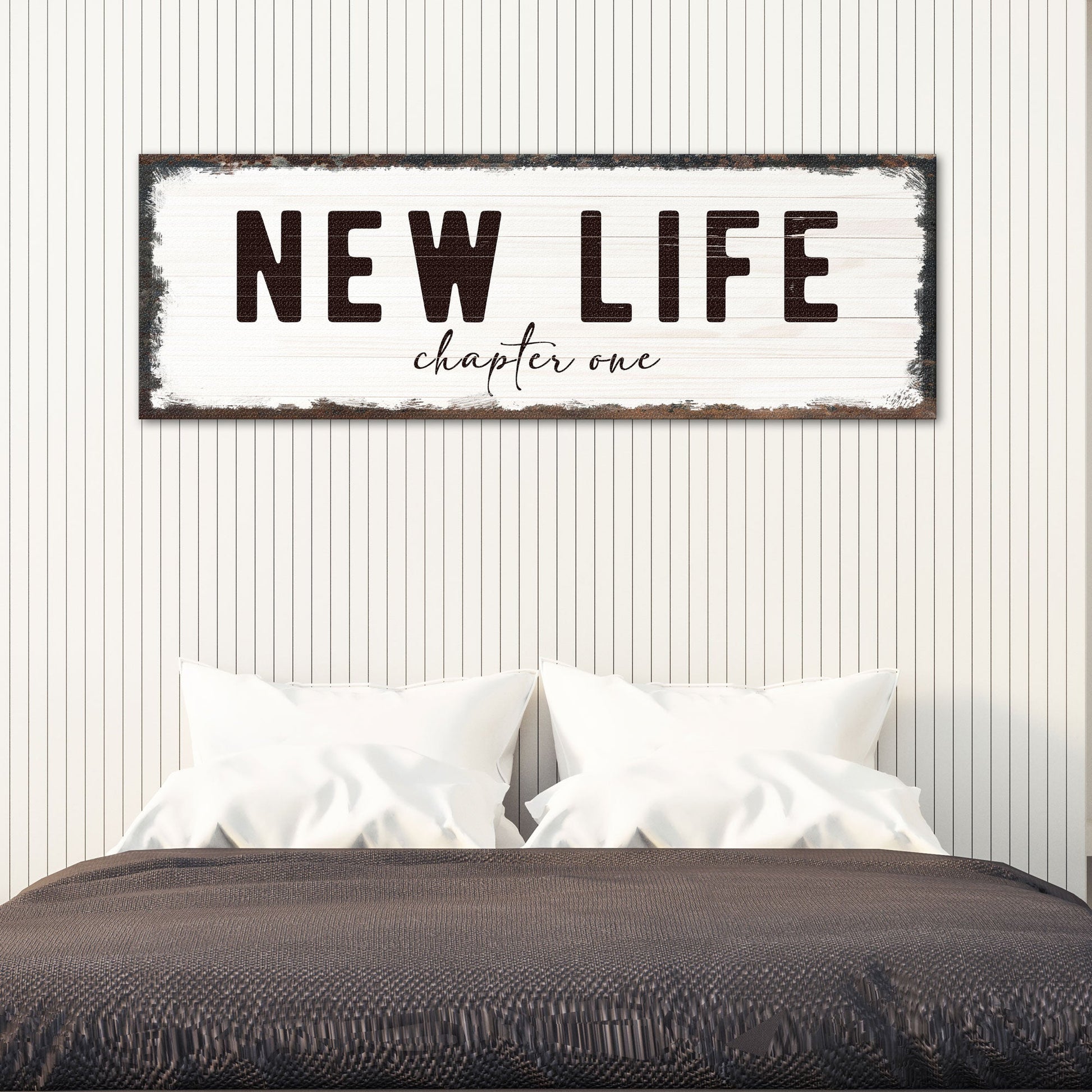New Life Chapter One Sign canvas by Tailored Canvases with white backdrop and black NEW LIFE on Tampa Home & Garden Store