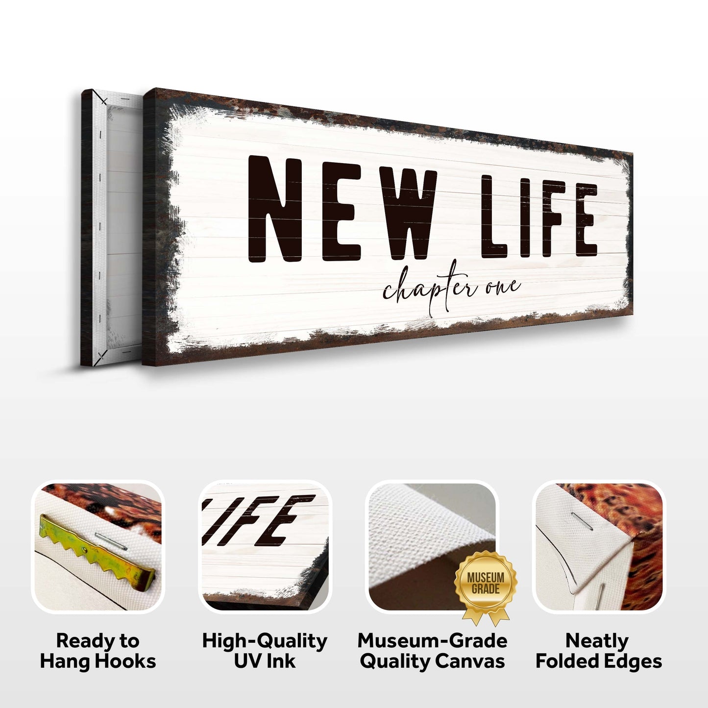 New Life Chapter One Sign canvas by Tailored Canvases, rustic white wood panel crafting canvas on Tampa Home & Garden Store