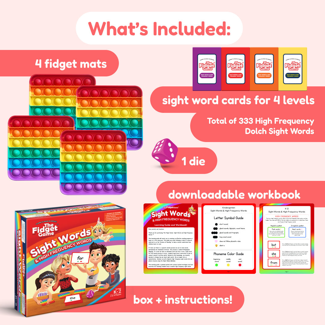 The Fidget Games Sight Words Expansion 3-5 Card Packs: 4 rainbow mats, 1 die, 4 levels on Tampa Home & Garden Store