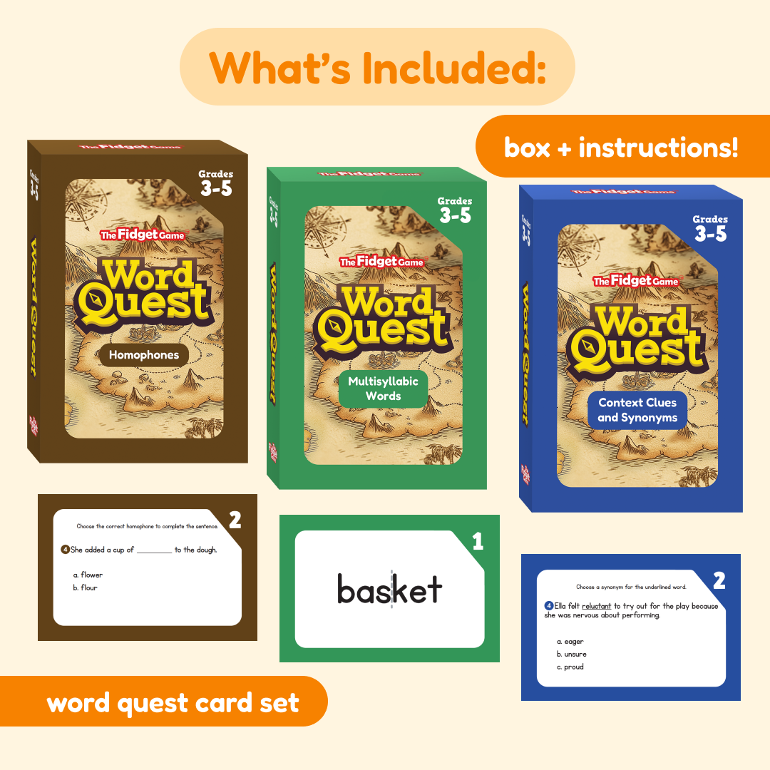 Word Quest 3–5 expansion cards by The Fidget Games, board game set with brown, green, blue boxes on Tampa Home & Garden Store