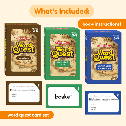 Word Quest 3–5 expansion cards by The Fidget Games, board game set with brown, green, blue boxes on Tampa Home & Garden Store
