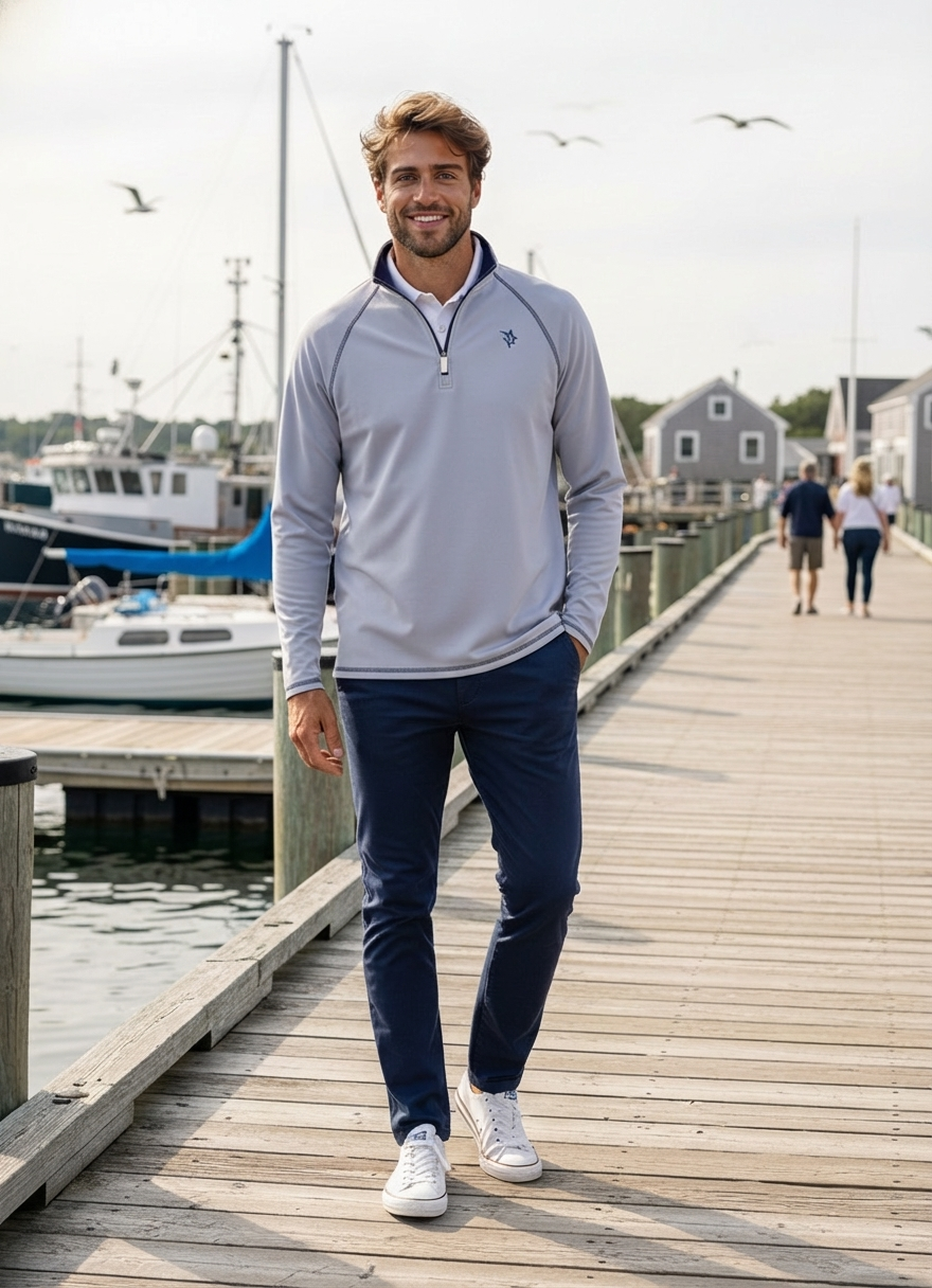 Harbor Quarter Zip by White Water Life light gray fleece pullover with zip neckline on boardwalk on Tampa Home & Garden Store