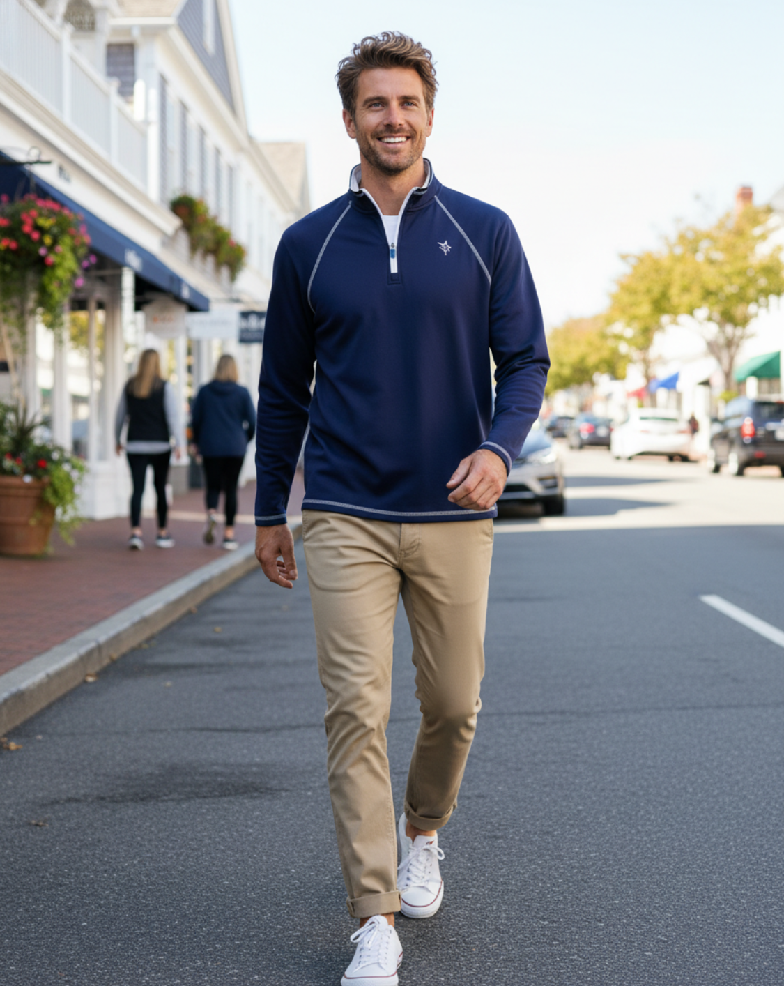 New Harbor Quarter Zip navy blue pullover by White Water Life with contrast seam piping on Tampa Home & Garden Store