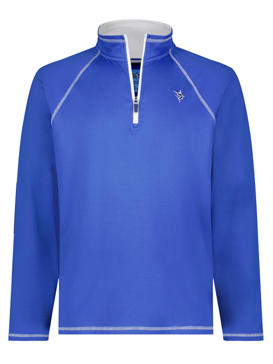 Harbor Quarter Zip top in blue with white stitching and stand collar by White Water Life on Tampa Home & Garden Store
