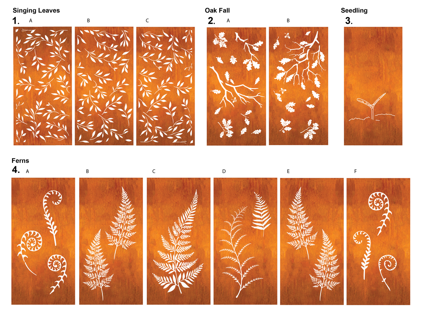 Outdoor metal privacy panels by Rustica Ornamentals in rust with wattle twig and fern patterns, steel (60/72) on Tampa Home & Garden Store