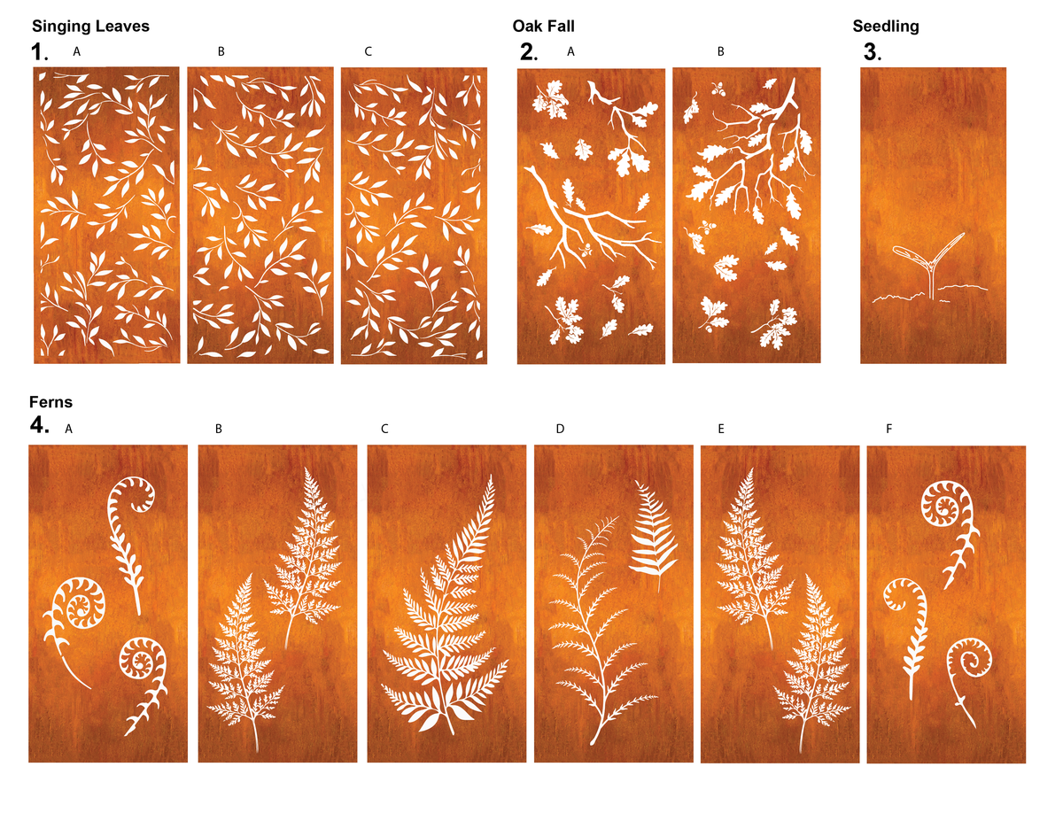Outdoor privacy panels set by Rustica Ornamentals in rust steel with white forms 60–72 in on Tampa Home & Garden Store
