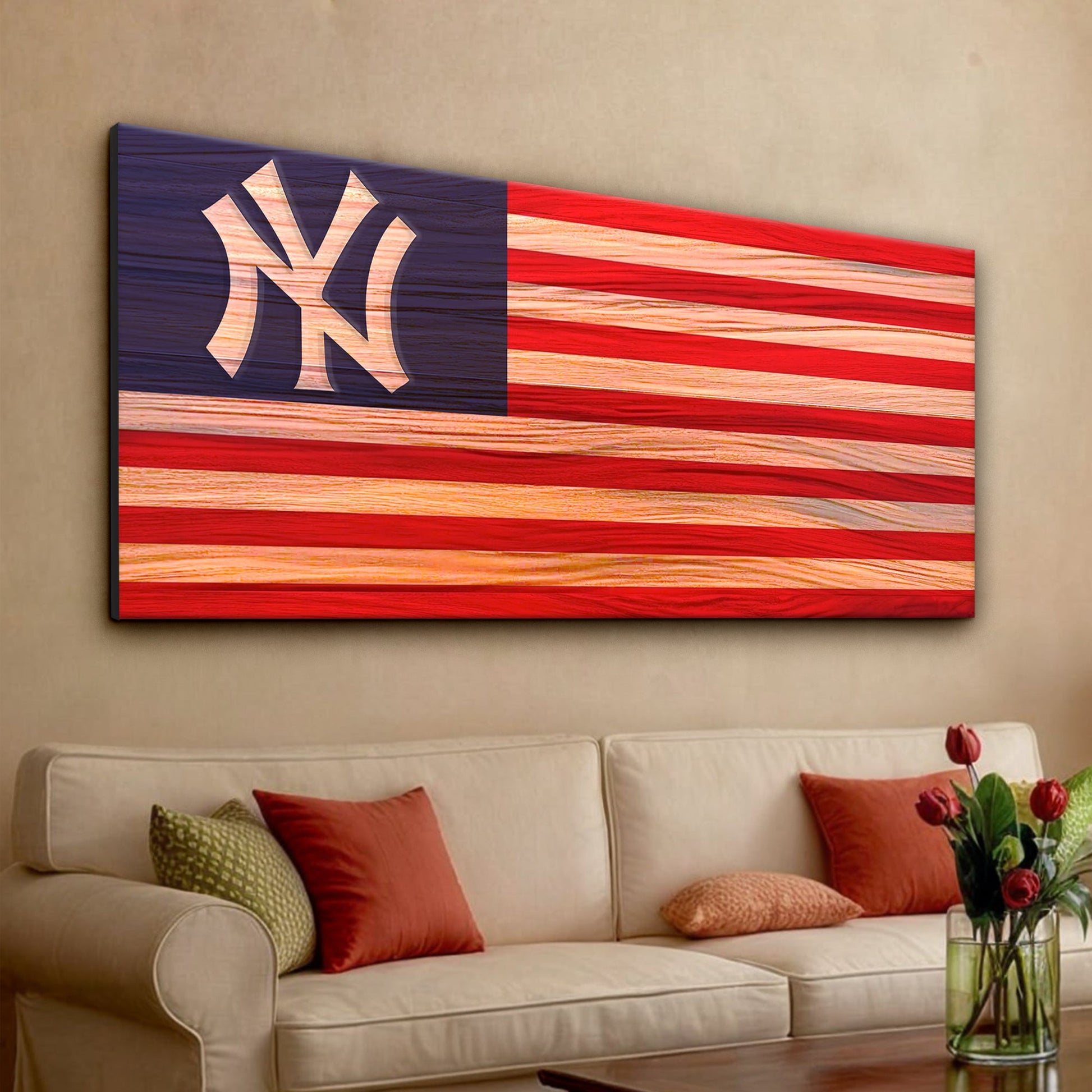 New York Yankees canvas by Tailored Canvases, flag-style stripes on woodgrain background on Tampa Home & Garden Store