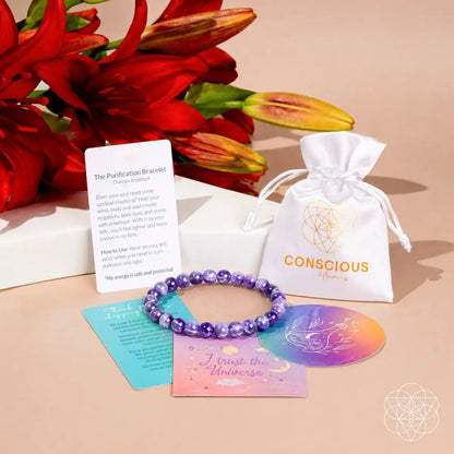 Purification Bracelet 6mm Chevron Amethyst by Conscious Items, purple beaded bracelet pouch on Tampa Home & Garden Store