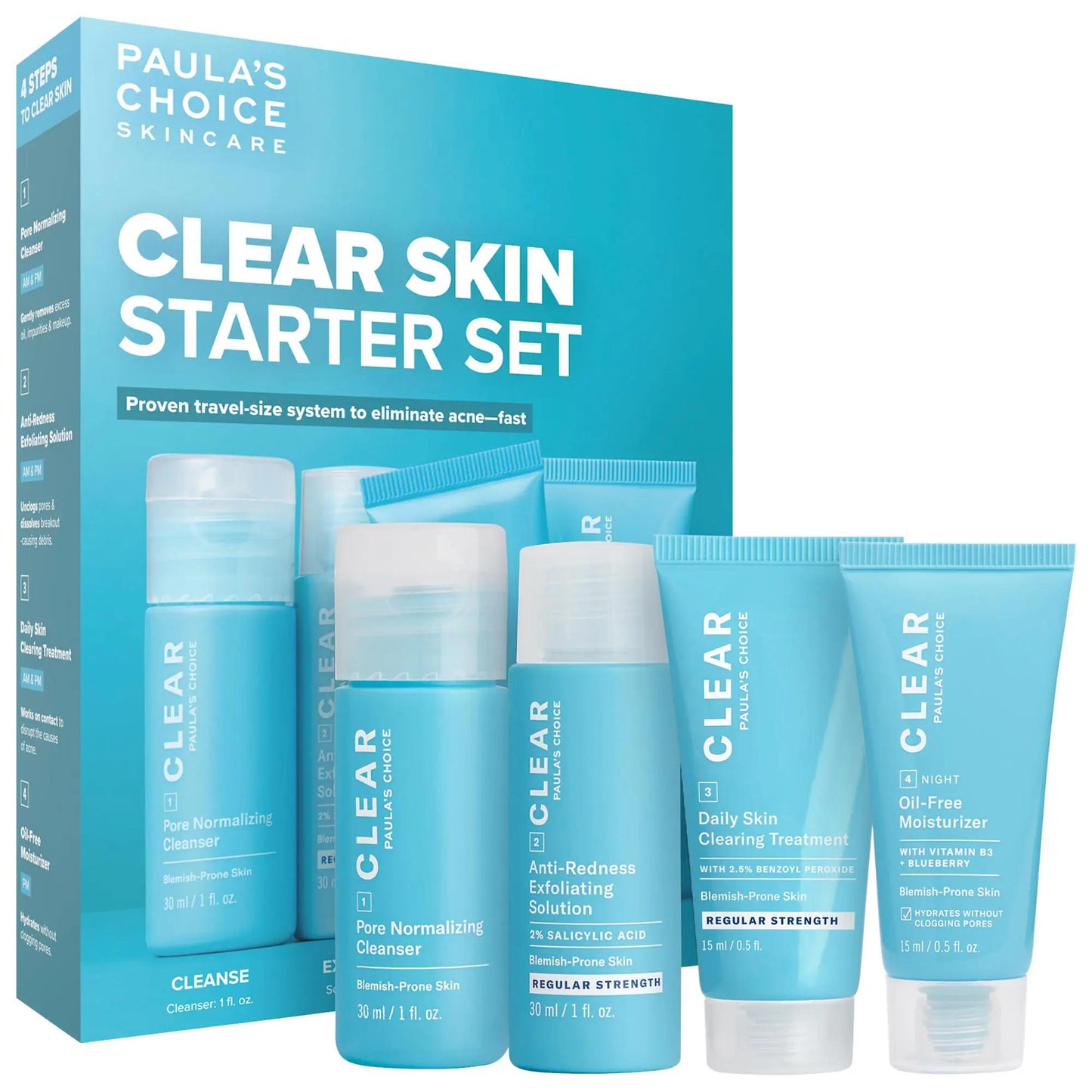 Paula's Choice Clear Skin Starter Set with blue tubes for acne treatment; 4-step system on Tampa Home & Garden Store