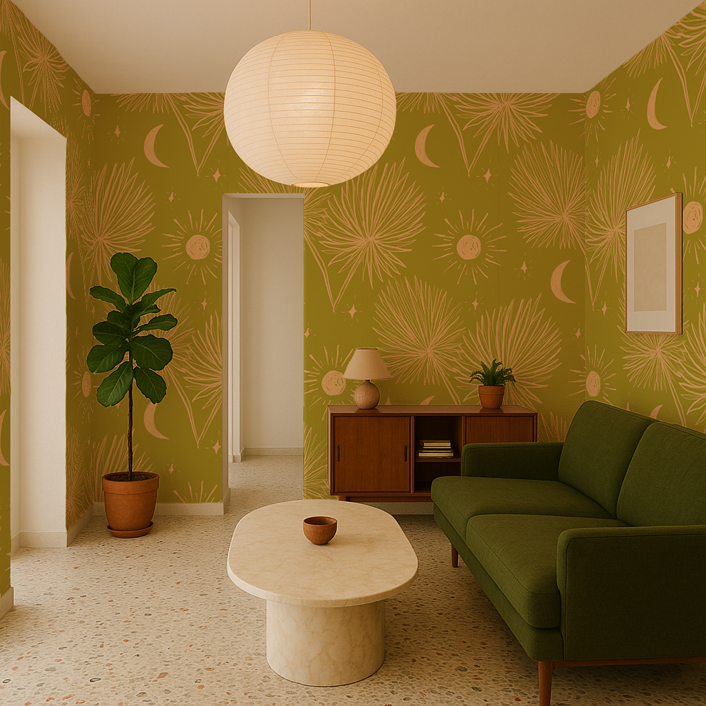 Night Palm Wallpaper, chartreuse & peach - Tampa Home & Garden Store