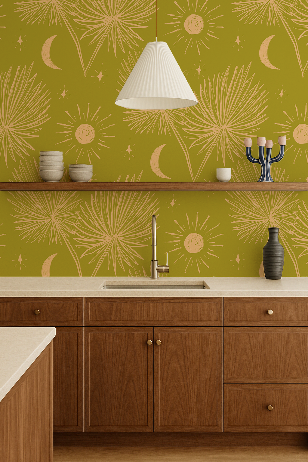 Night Palm Wallpaper, chartreuse & peach - Tampa Home & Garden Store