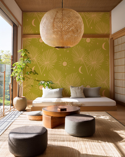 Night Palm Wallpaper, chartreuse & peach - Tampa Home & Garden Store
