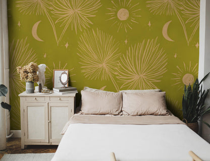 Night Palm Wallpaper, chartreuse & peach - Tampa Home & Garden Store