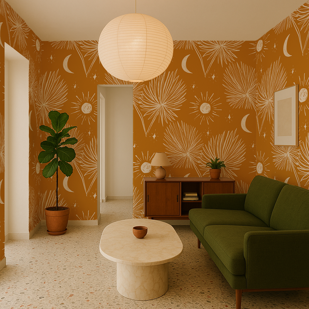 Night Palm Wallpaper, marigold and white - Tampa Home & Garden Store